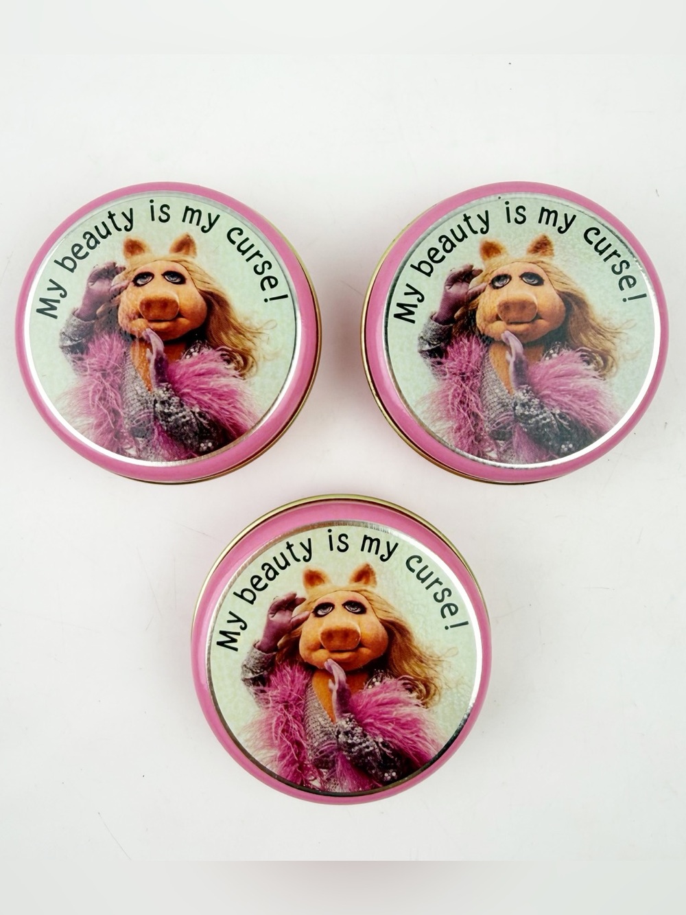 3 Miss Piggy Hallmark Beauty Is My Curse Tin Container Round 2.5” 1980 Pink New